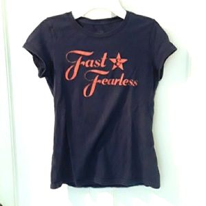 Champion woman's loose fitting sz L (10-12) FAST AND FEARLESS navy blue t-shirt